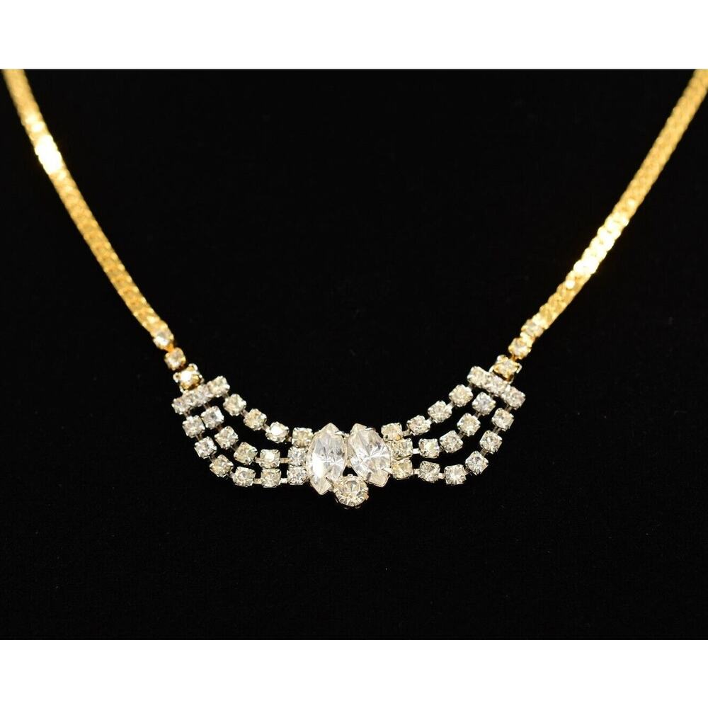 Vintage Crystal Collar Necklace Gold Metallic Chain Prong Rhinestone 1980s Bin1D